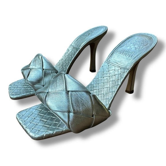 Vince Camuto Brelanie Silver Leather Braided Strap Heeled Slide Sandals | 8.5 - Picture 6 of 15